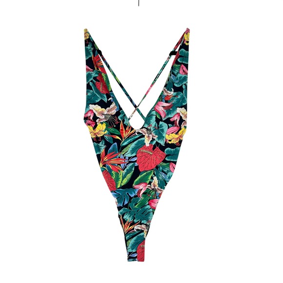 Fashion Nova Tropical Floral Plunge One Piece Swimsuit- 1X - Picture 2 of 5